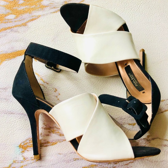 Zara Open-Toe Black and White Heels with Adjustable Strap - Picture 9 of 10